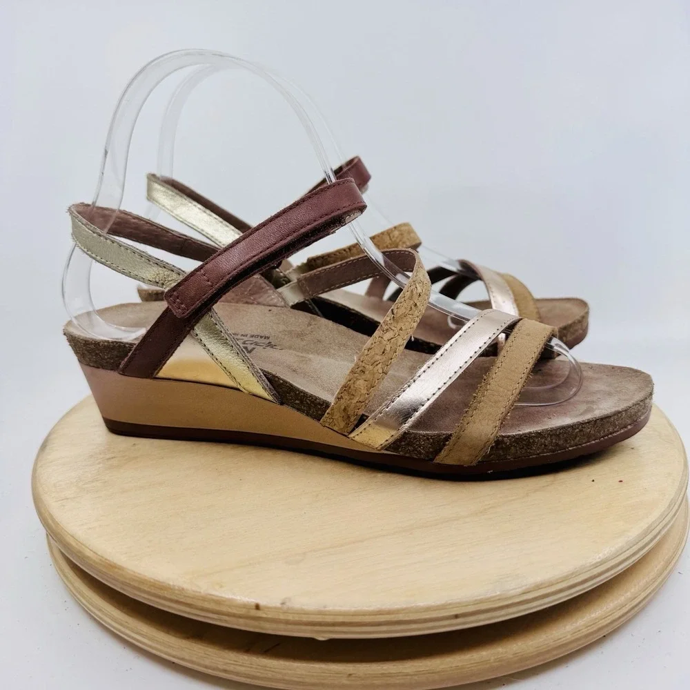 Naot Hero Wedge Sandals Womens EU 38 US 7 Brown Gold Leather Cork Comfort Shoes